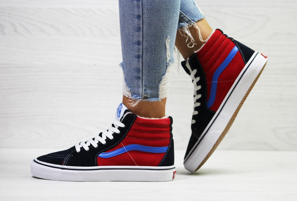 Зимние кеды высокие vans на меху, темно синие с красным фото №1