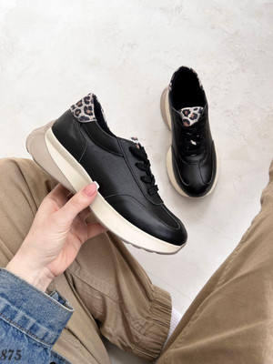 Жіночі шкіряні чорні кросівки з леопардовим принтом, натуральна шкіра